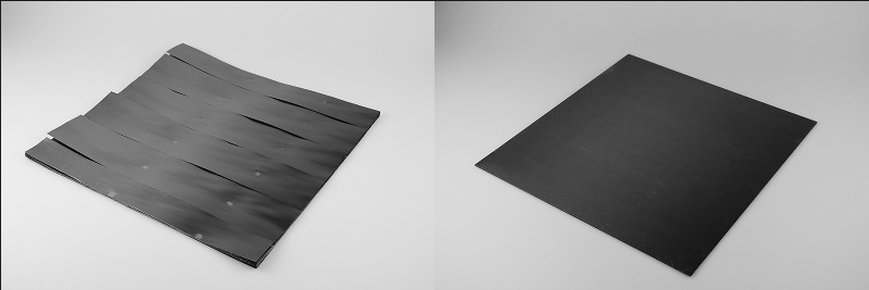 © Photo Fraunhofer ICT Carbon fibers and heated plastic combine under pressure to form a homogeneous CFRP plate. With infrared radiation in a vacuum, this occurs quickly and with a high degree of energy efficiency.