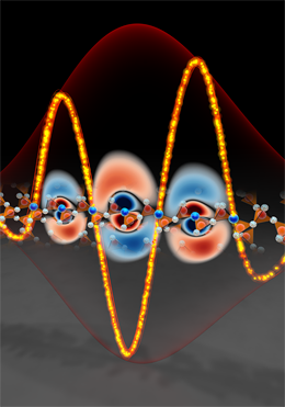 Atoms in silicon dioxide are hit by the light wave, causing the electrons around each atom to oscillate. At the end of the cycle the absorbed energy is returned to the light wave. Recording the temporal evolution of the light field allows the first real-time observation of attosecond-scale electron motions within solids. Image: Christian Hackenberg 