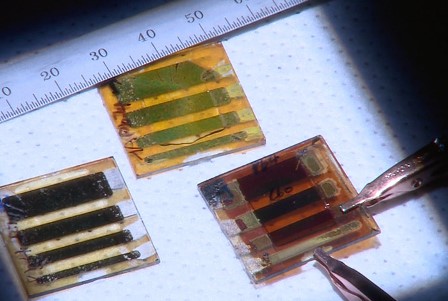 Three types of large-area solar cells made out of two-dimensional perovskites. At left, a room-temperature cast film; upper middle is a sample with the problematic band gap, and at right is the hot-cast sample with the best energy performance. Image courtesy Los Alamos National Laboratory.